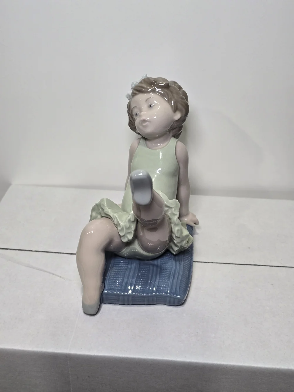 Lladro Pastel Green Ballerina on Blue Cushion Figurine